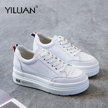 Load image into Gallery viewer, Genuine Leather Platform Breathable Sneakers women shoes Black Increase 7cm basic 2020 Autumn White Casual Shoes woman Student
