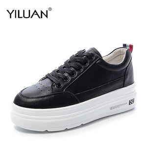 Genuine Leather Platform Breathable Sneakers women shoes Black Increase 7cm basic 2020 Autumn White Casual Shoes woman Student