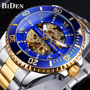 BIDEN Skeleton Diamond Dial Blue Golden Automatic Waterproof Stainless Steel Band Luminous Hand Roman Numerals Mechanical Watch