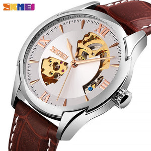 SKMEI Mens Mechanical Watches Elegant Automatic Watch Men Hollow Dial Genuine Leather Male Hour Waterproof Montre Homme 9223