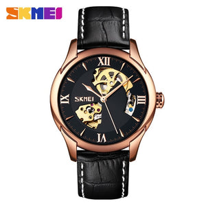 SKMEI Mens Mechanical Watches Elegant Automatic Watch Men Hollow Dial Genuine Leather Male Hour Waterproof Montre Homme 9223