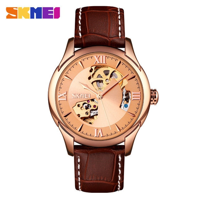 SKMEI Mens Mechanical Watches Elegant Automatic Watch Men Hollow Dial Genuine Leather Male Hour Waterproof Montre Homme 9223