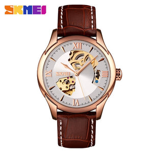 SKMEI Mens Mechanical Watches Elegant Automatic Watch Men Hollow Dial Genuine Leather Male Hour Waterproof Montre Homme 9223