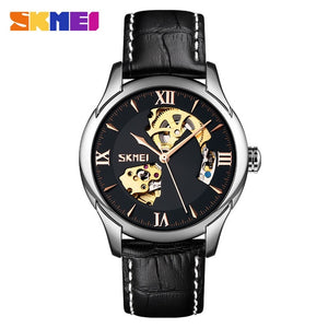 SKMEI Mens Mechanical Watches Elegant Automatic Watch Men Hollow Dial Genuine Leather Male Hour Waterproof Montre Homme 9223