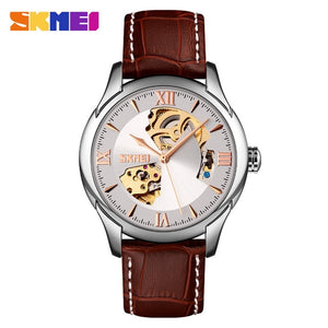 SKMEI Mens Mechanical Watches Elegant Automatic Watch Men Hollow Dial Genuine Leather Male Hour Waterproof Montre Homme 9223