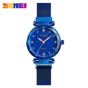 SKMEI Starry Fashion Women Watches Full Stainless Steel Magnet Strap Ladies Quartz Wrist Watch Thin Elegant Montre Femme Q022